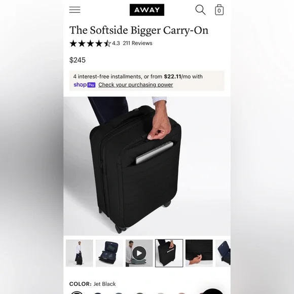 Away Jet Black Softside Carry-On Luggage - Picture 4 of 16